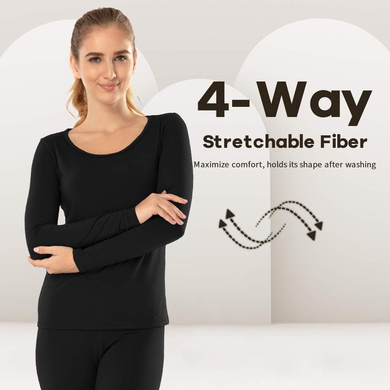 MANCYFIT مجموعة ملابس داخلية حرارية للنساء من مانسيفيت، بنطلون طويل مبطن بالفليس، ناعم للغاية، برقبة على شكل حرف V، أسود، كبير - Image 3